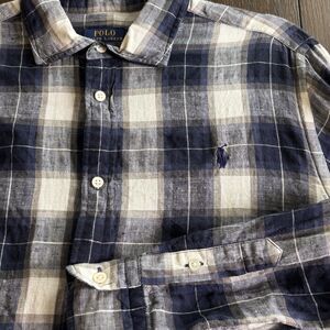 POLO RALPH LAUREN Men's Classic Fit Plaid Indigo Linen Woven Shirt Size XL